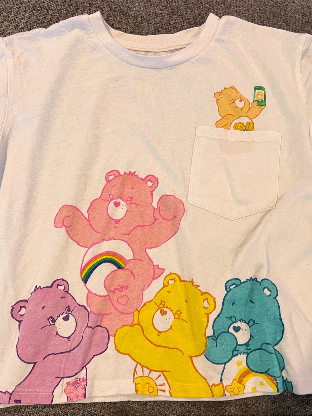 Care Bears White Short Sleeve Tee with Pink, Purple, Yellow, Teal Bears